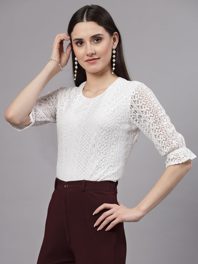 Style Quotient Self Design White Lace Smart Casual Top-Tops-StyleQuotient
