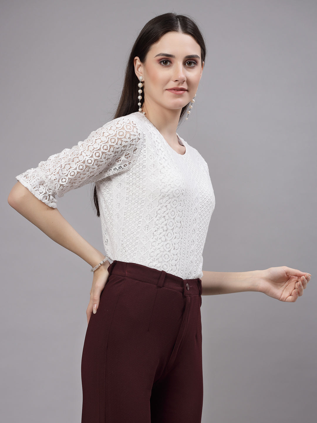 Style Quotient Self Design White Lace Smart Casual Top-Tops-StyleQuotient