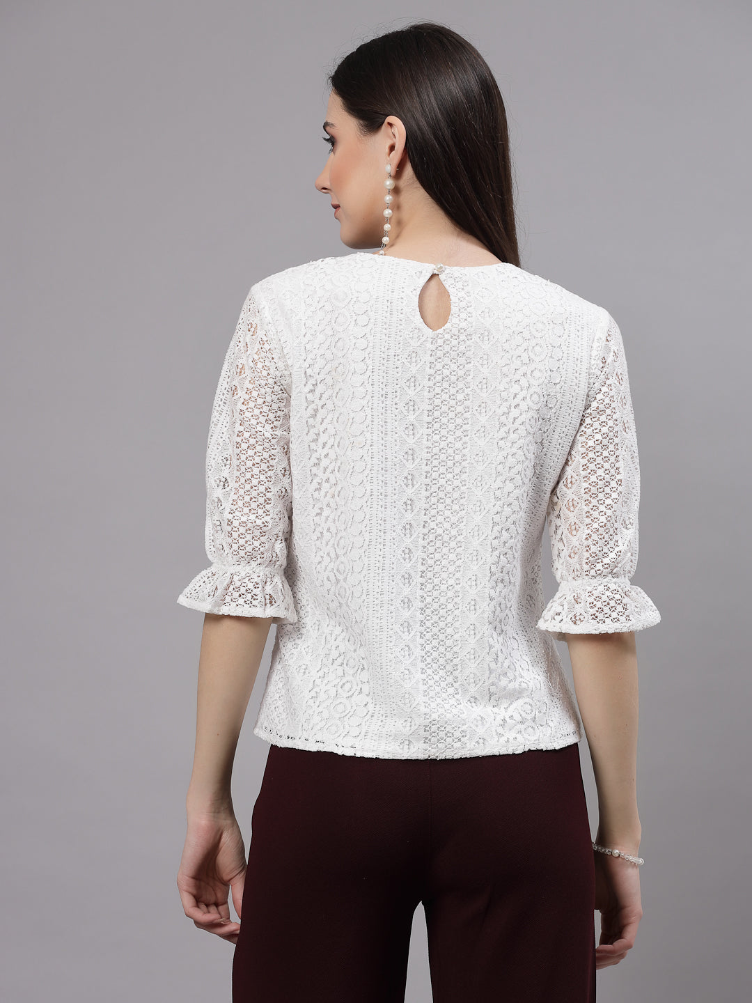 Style Quotient Self Design White Lace Smart Casual Top-Tops-StyleQuotient