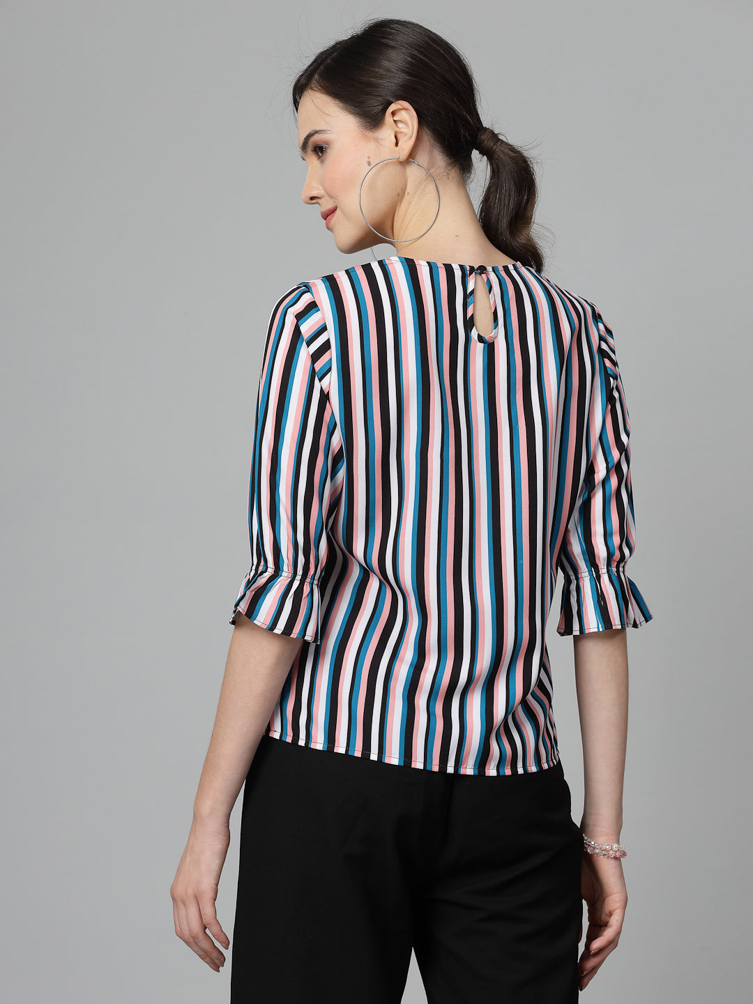 Style Quotient Women Peach and Multi Striped Regular Formal Top-Tops-StyleQuotient