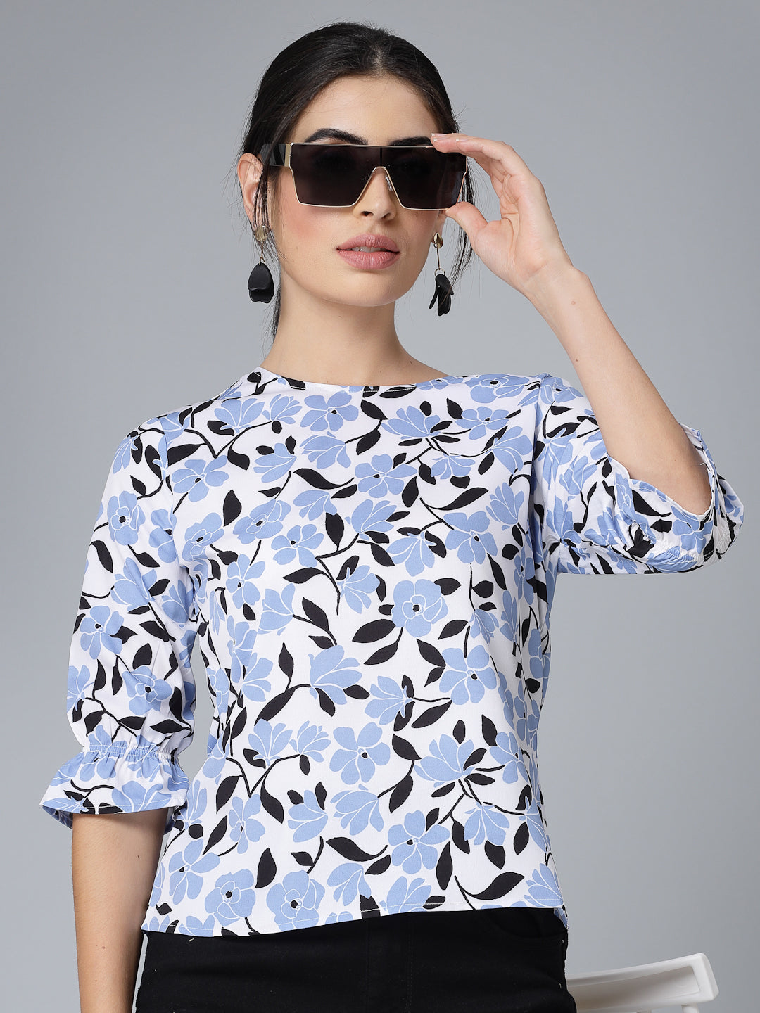 Style Quotient Women Powder Blue Floral Regular Smart Casual Top-Tops-StyleQuotient