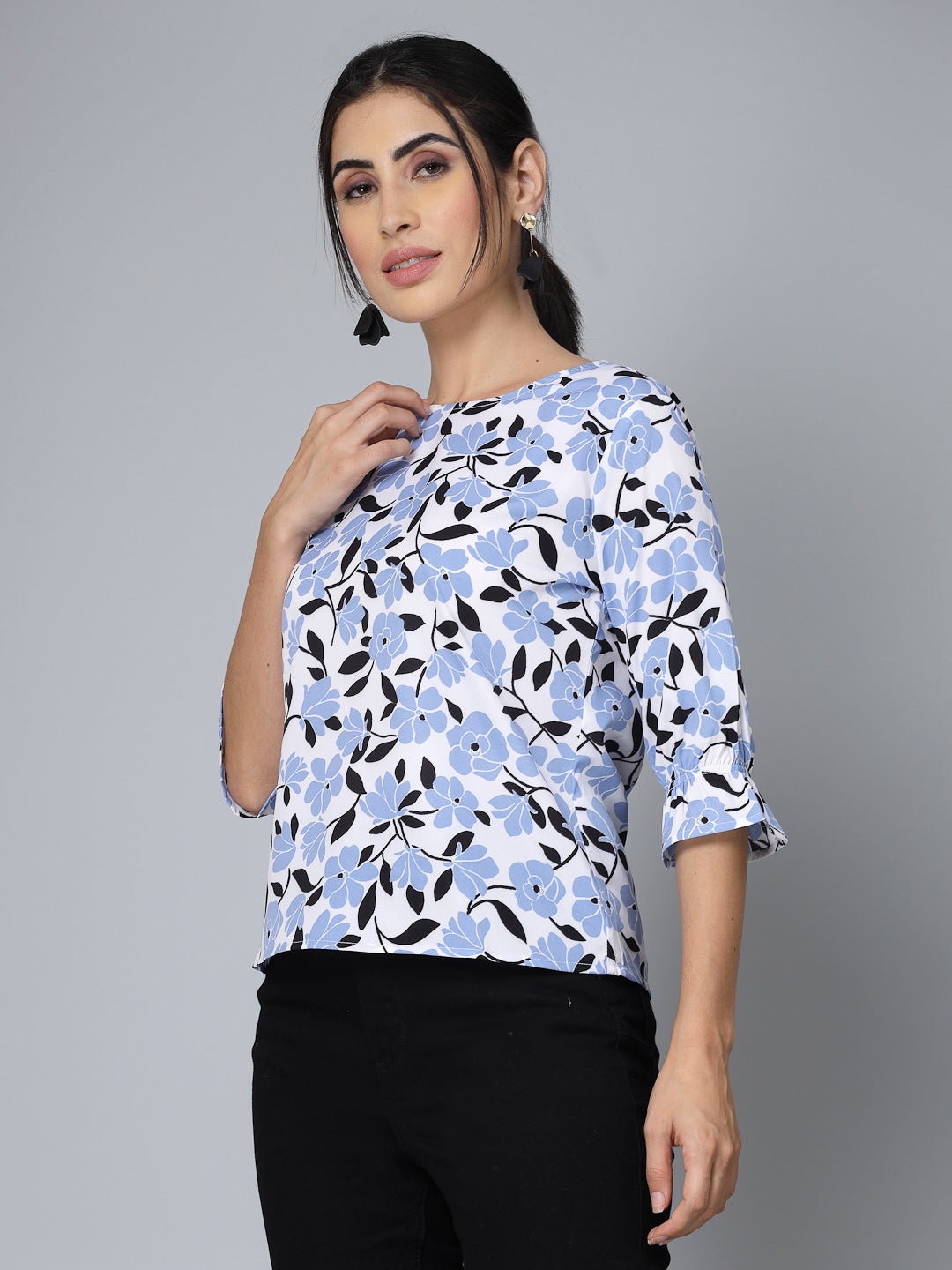 Style Quotient Women Powder Blue Floral Regular Smart Casual Top-Tops-StyleQuotient