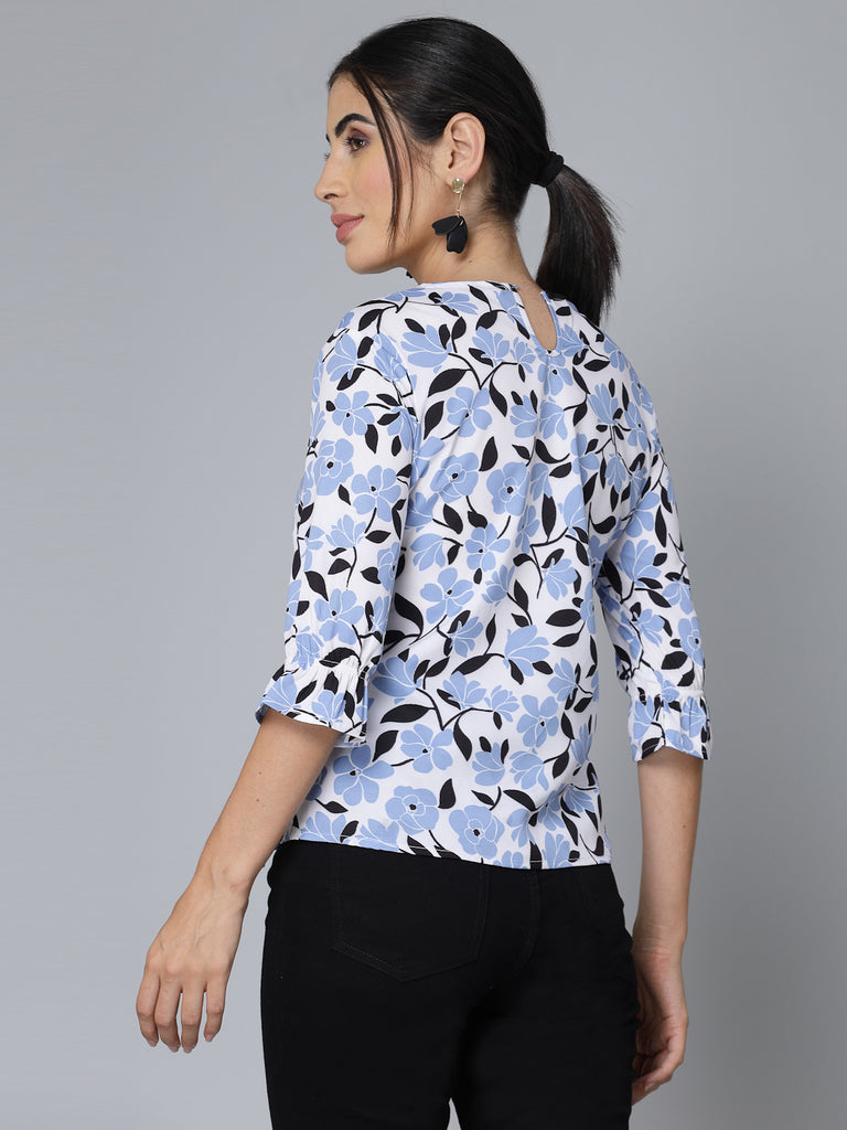 Style Quotient Women Powder Blue Floral Regular Smart Casual Top-Tops-StyleQuotient