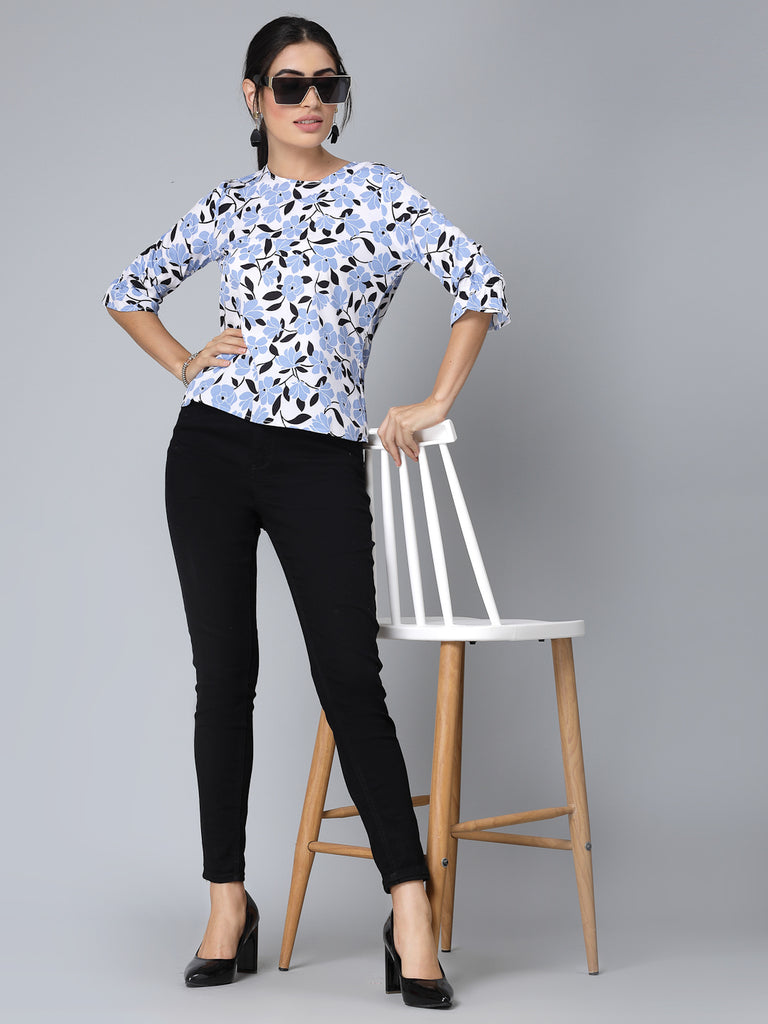 Style Quotient Women Powder Blue Floral Regular Smart Casual Top-Tops-StyleQuotient