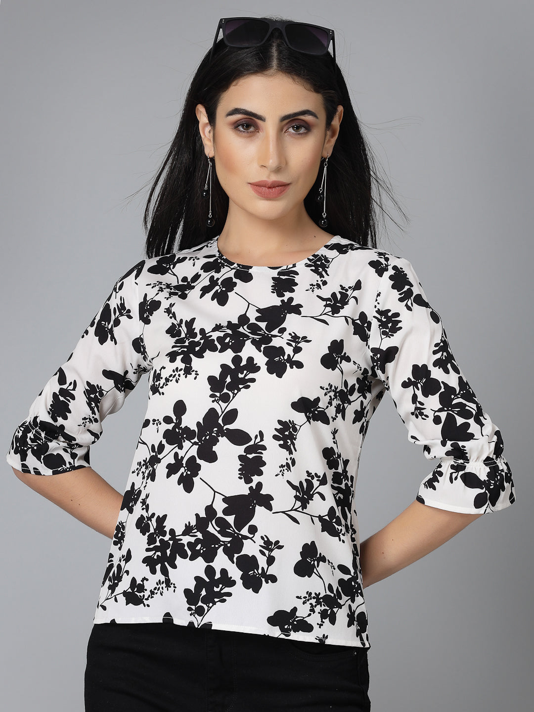 Style Quotient Women Black And White Floral Regular Smart Casual Top-Tops-StyleQuotient