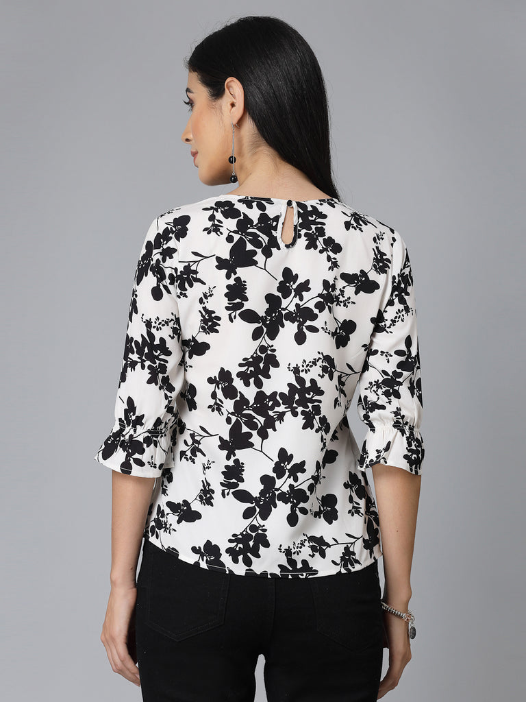 Style Quotient Women Black And White Floral Regular Smart Casual Top-Tops-StyleQuotient