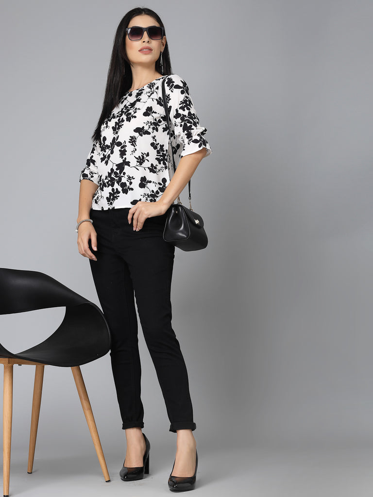 Style Quotient Women Black And White Floral Regular Smart Casual Top-Tops-StyleQuotient