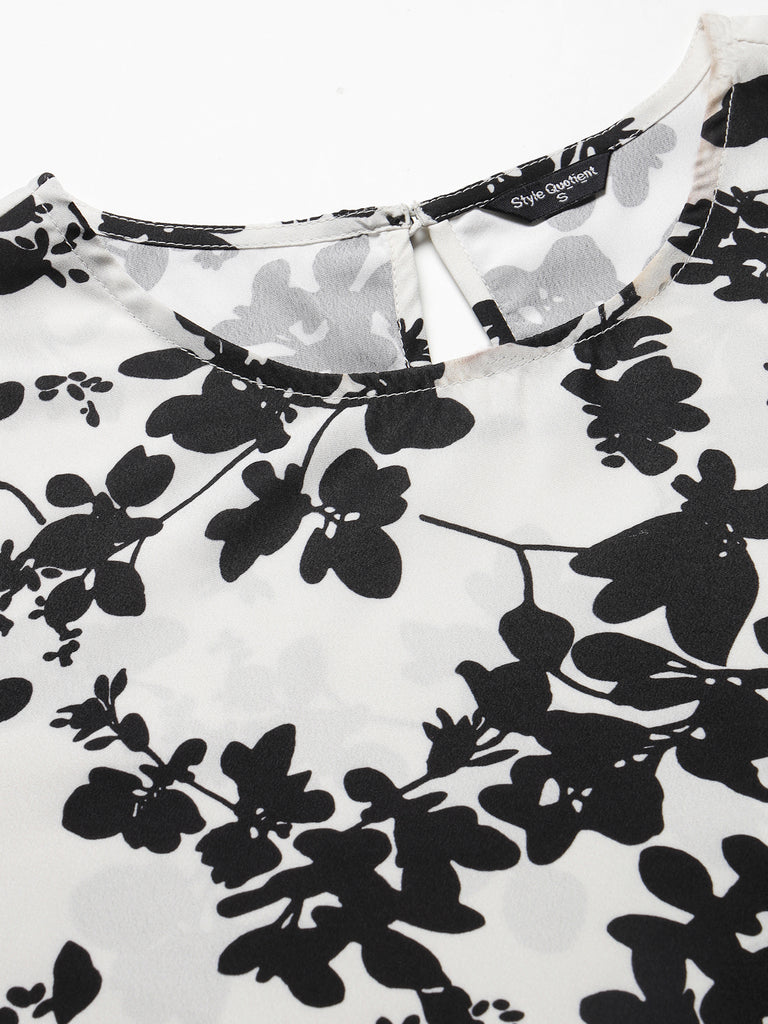 Style Quotient Women Black And White Floral Regular Smart Casual Top-Tops-StyleQuotient