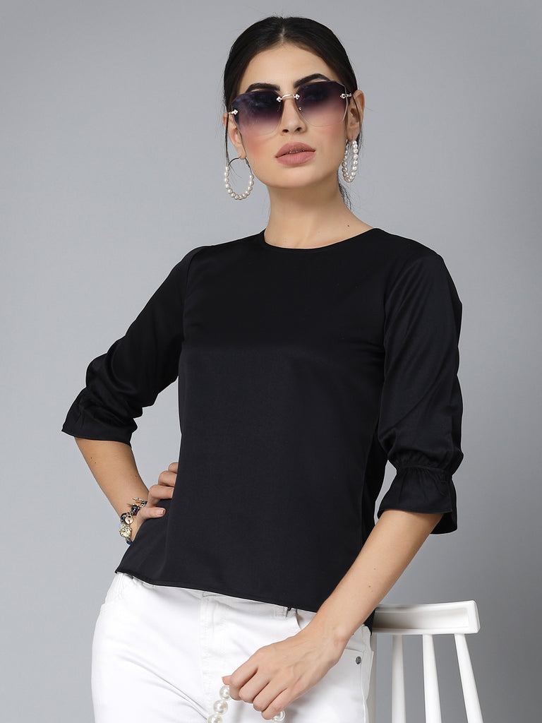 Style Quotient Women Solid Black Satin Smart Casual Regular Top-Tops-StyleQuotient