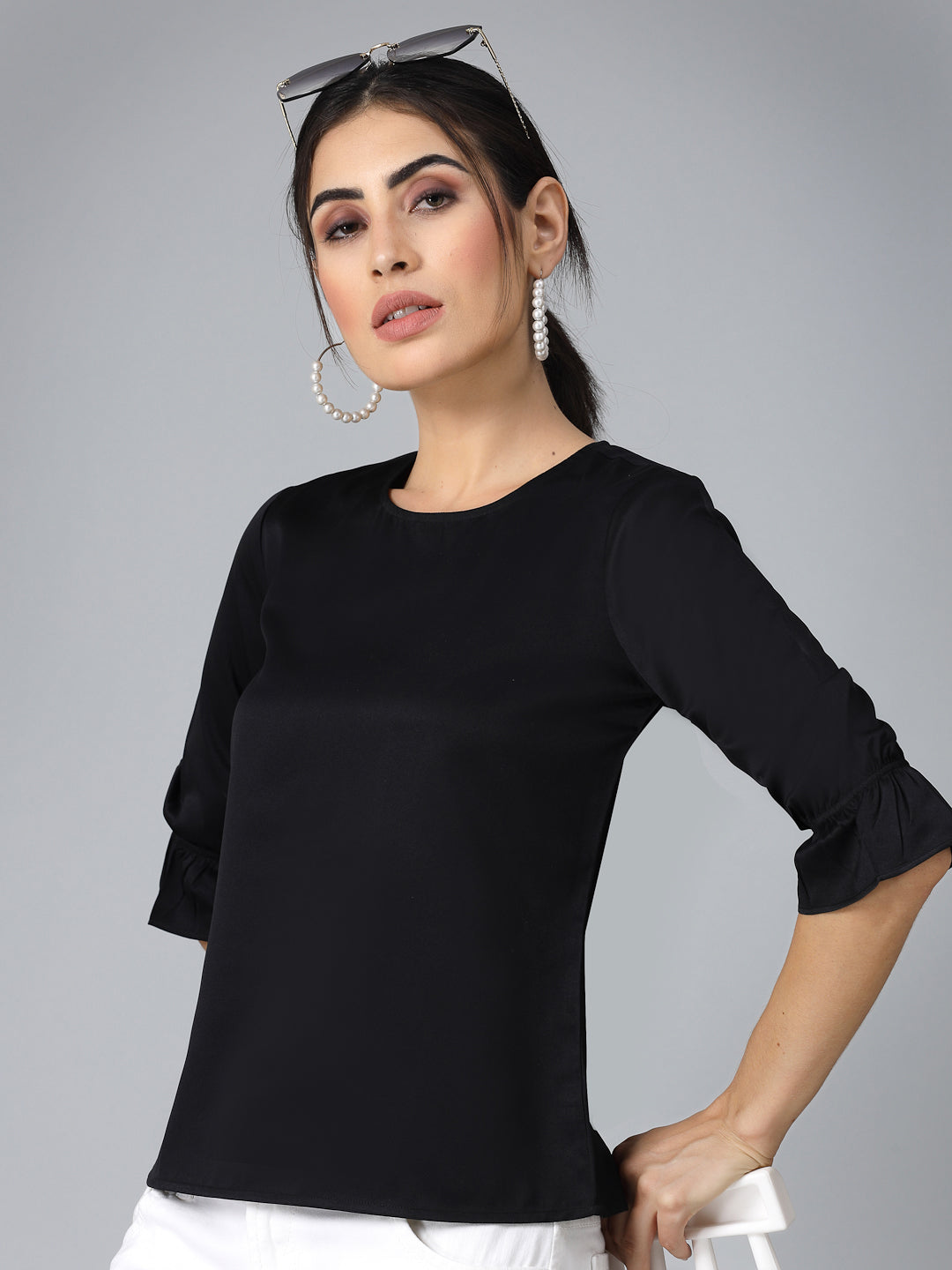 Style Quotient Women Solid Black Satin Smart Casual Regular Top-Tops-StyleQuotient