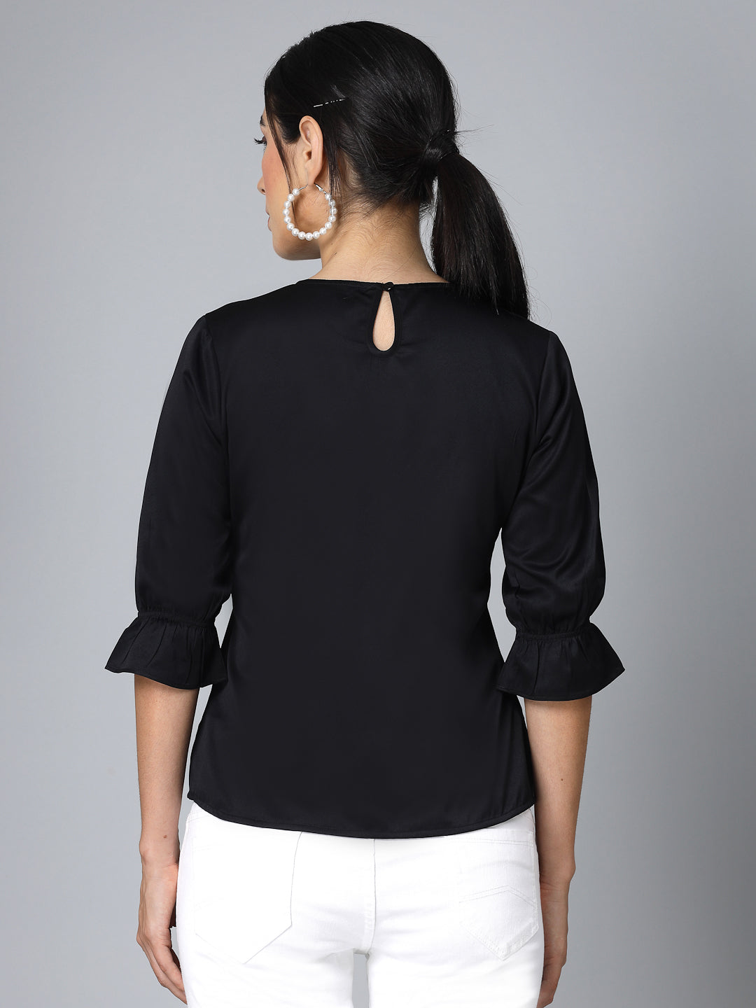 Style Quotient Women Solid Black Satin Smart Casual Regular Top-Tops-StyleQuotient