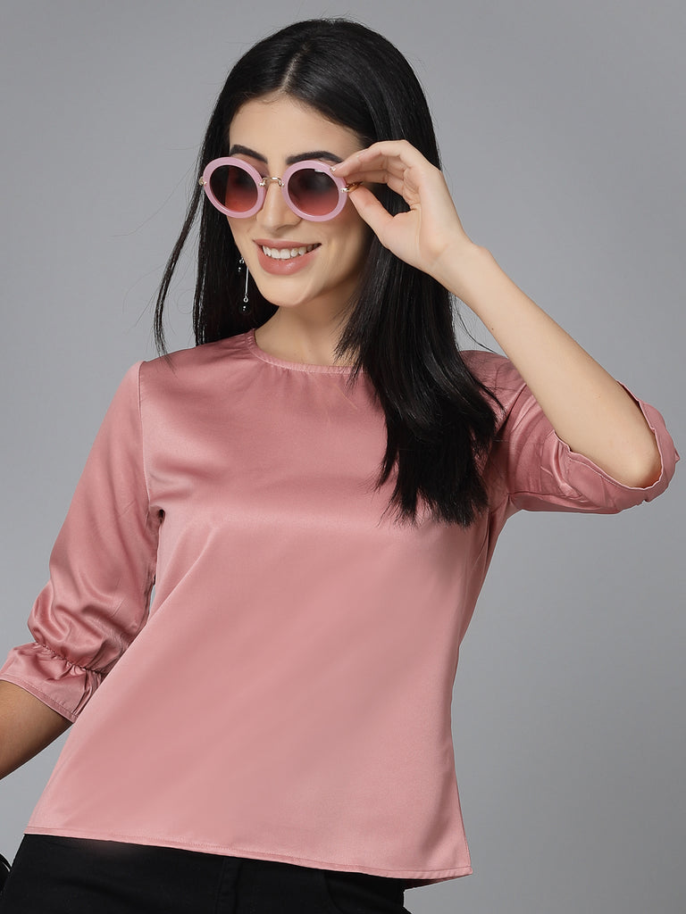 Style Quotient Women Solid Nude Satin Smart Casual Top-Tops-StyleQuotient