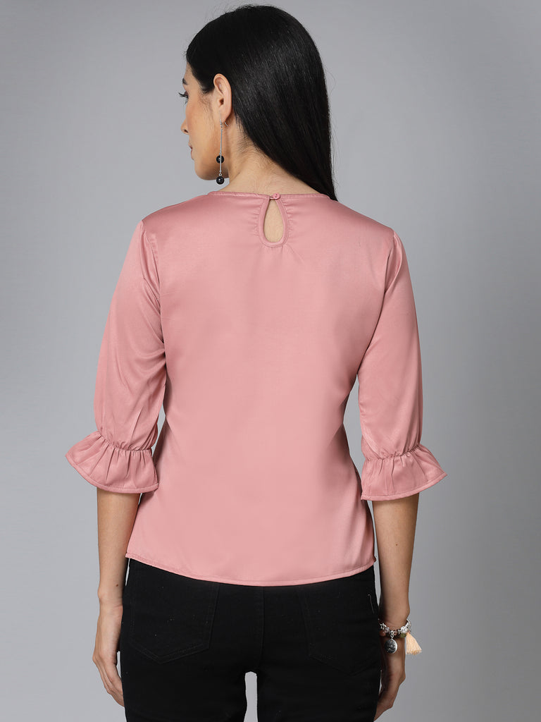 Style Quotient Women Solid Nude Satin Smart Casual Top-Tops-StyleQuotient