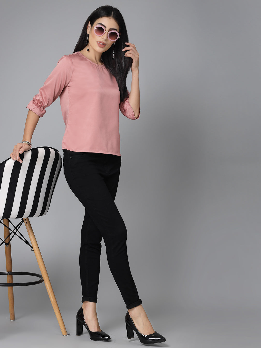 Style Quotient Women Solid Nude Satin Smart Casual Top-Tops-StyleQuotient