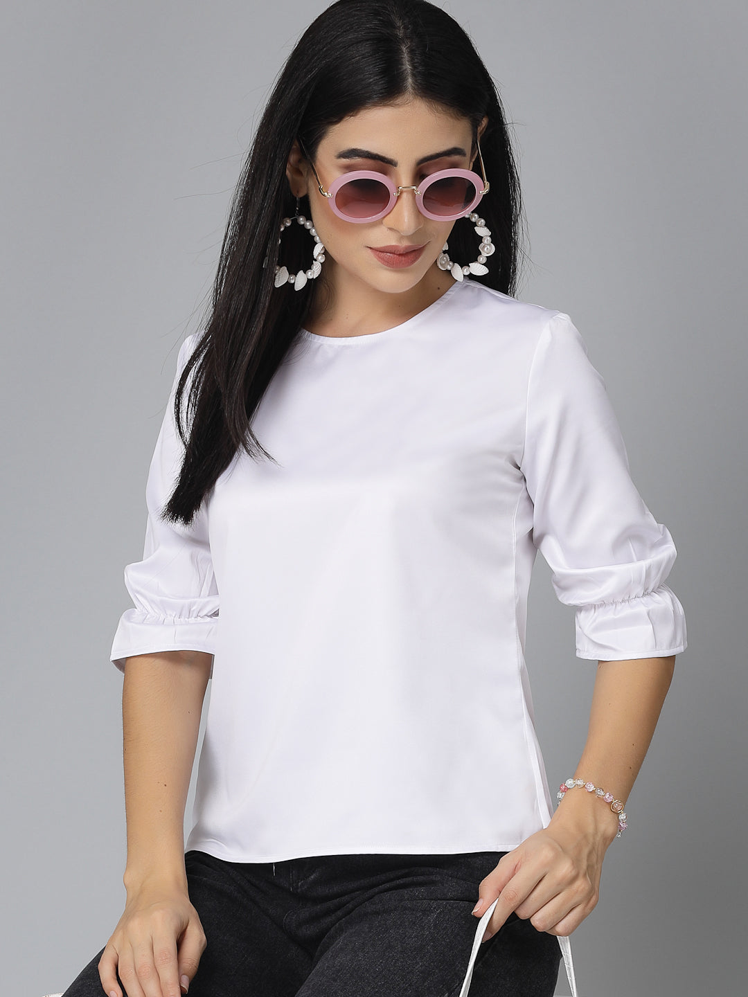 Style Quotient Women Solid White Satin Smart Casual Top-Tops-StyleQuotient