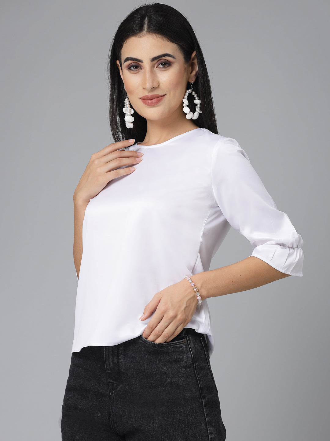 Style Quotient Women Solid White Satin Smart Casual Top-Tops-StyleQuotient