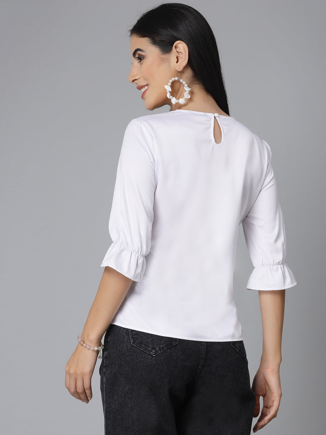 Style Quotient Women Solid White Satin Smart Casual Top-Tops-StyleQuotient