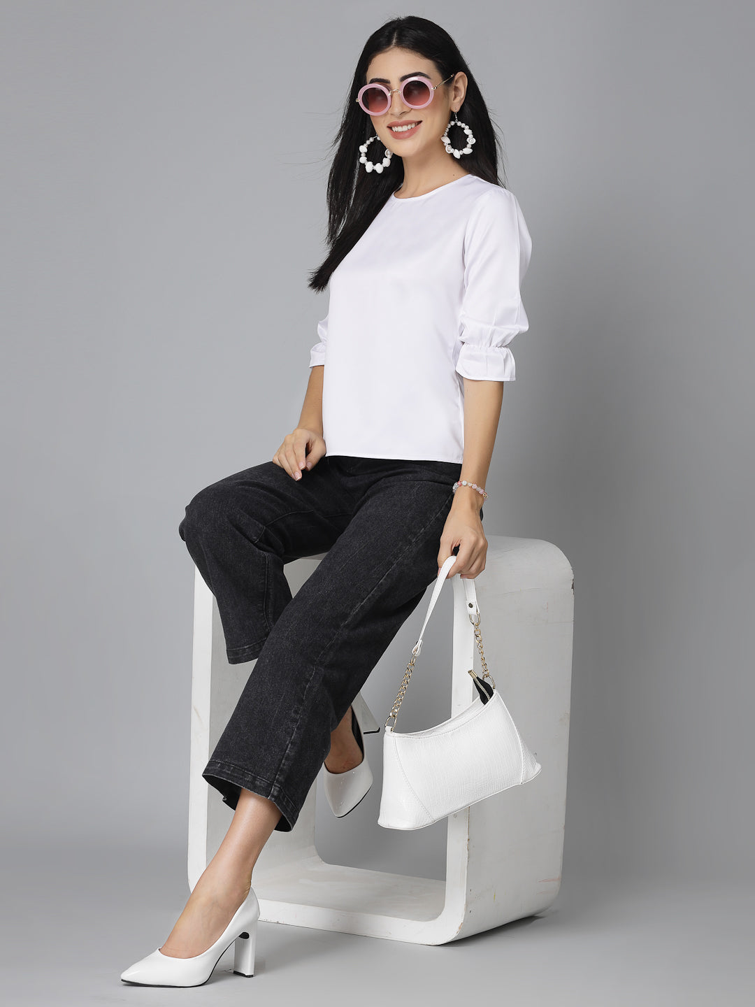 Style Quotient Women Solid White Satin Smart Casual Top-Tops-StyleQuotient