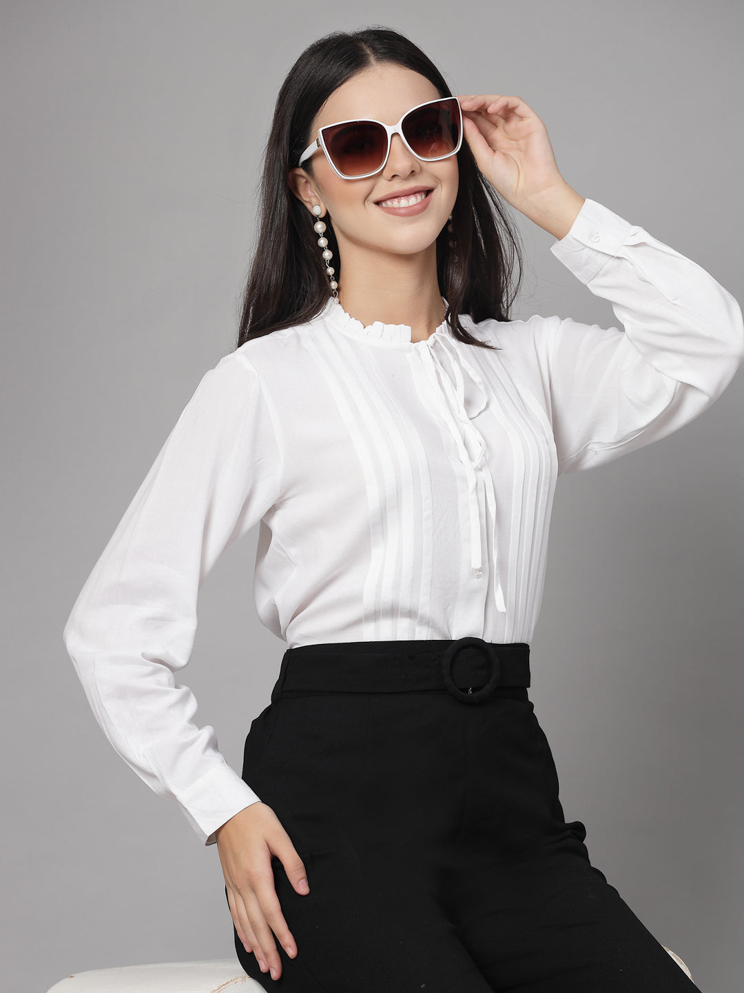 Style Quotient Women Black Polyester Cutout Smart Casual Shirt-Shirts-StyleQuotient