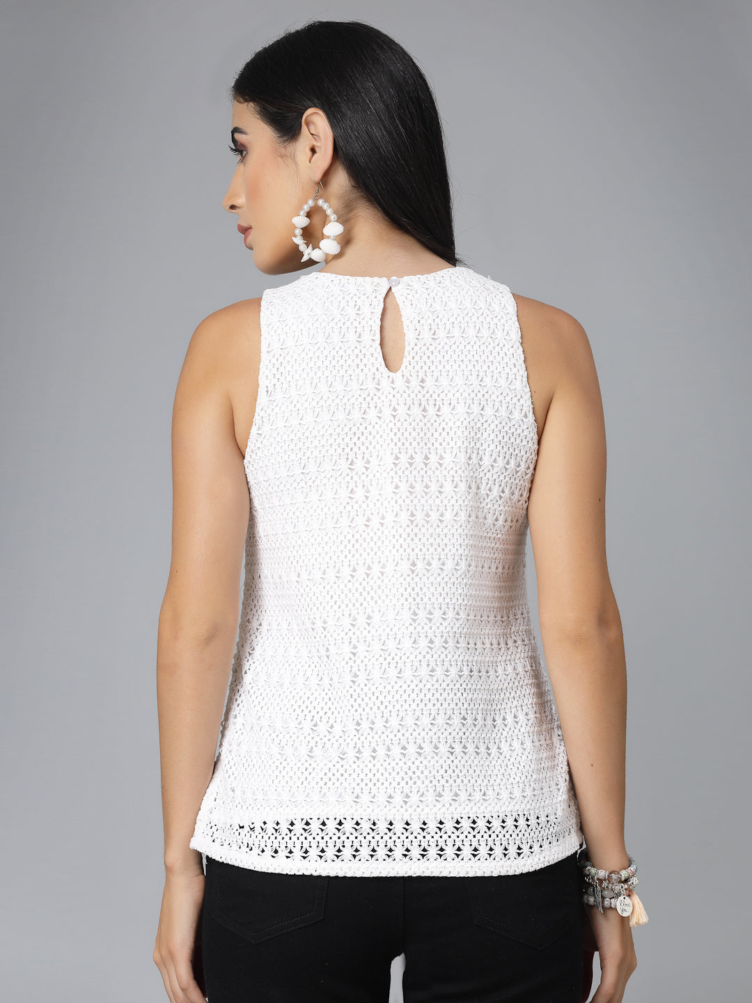 Style Quotient Women Smart Casual White Sleeveless Lace Top-Tops-StyleQuotient