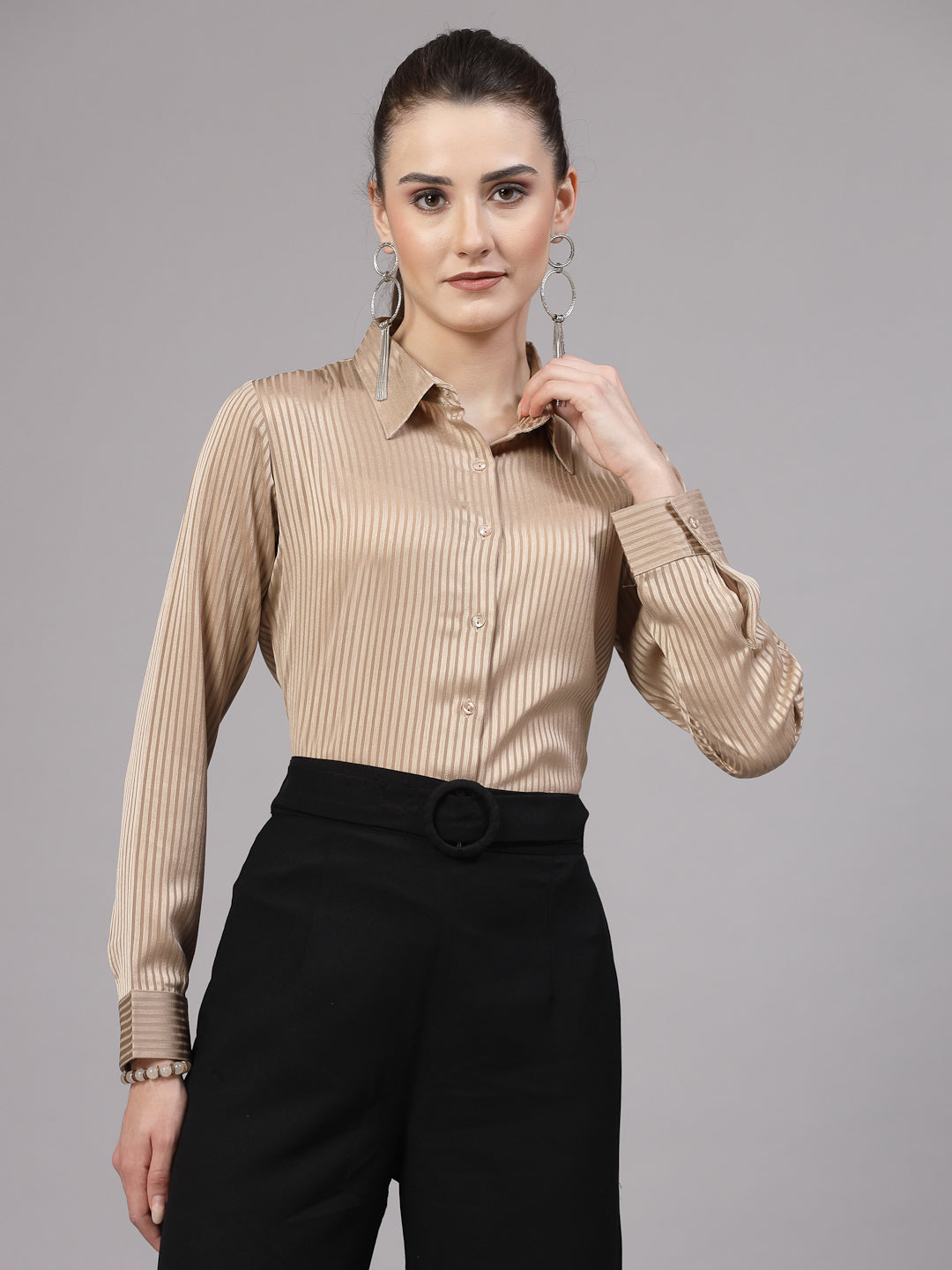 Style Quotient Women Gold Self Design Polyester Satin Party Shirt-Shirts-StyleQuotient