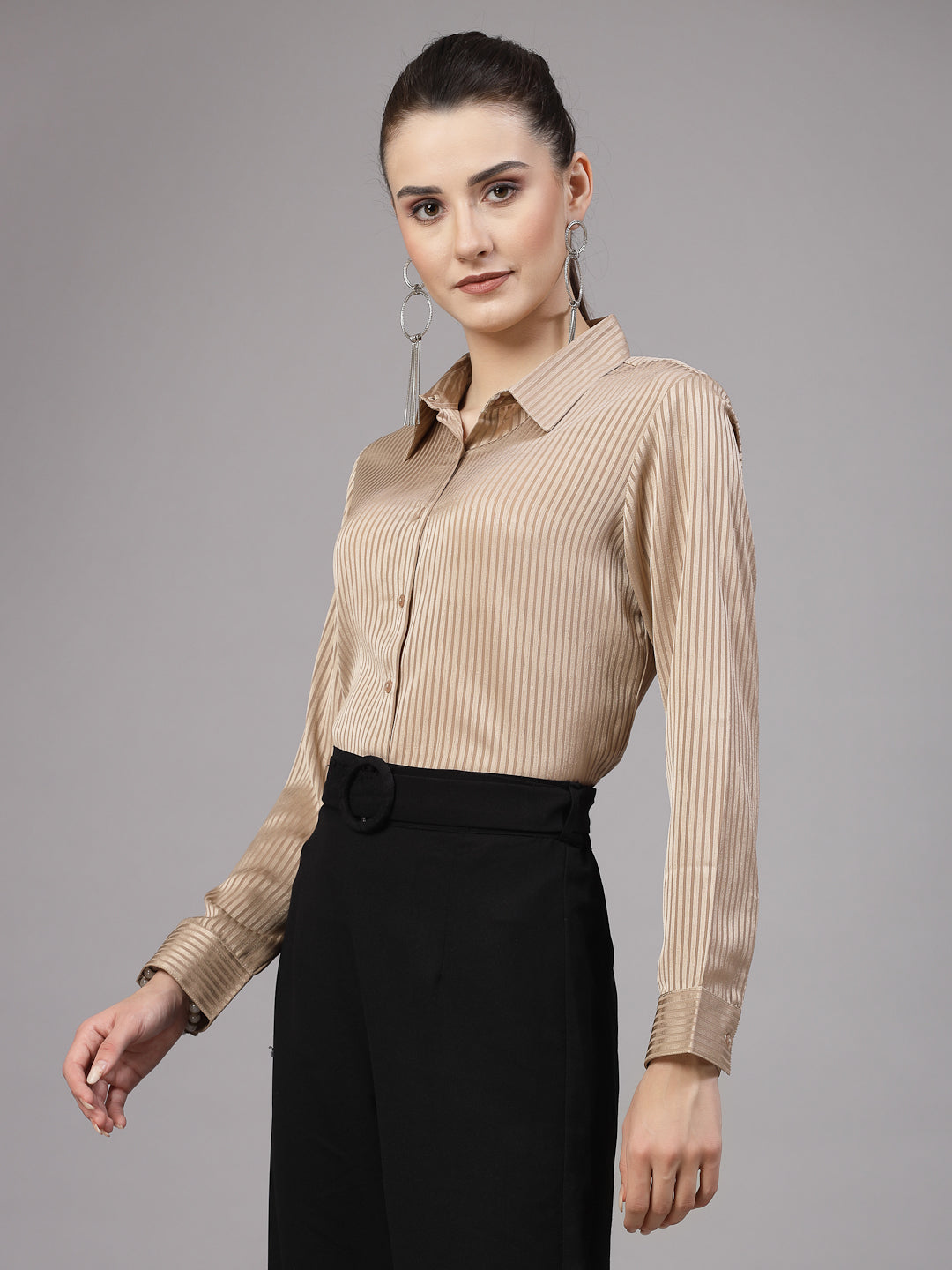 Style Quotient Women Gold Self Design Polyester Satin Party Shirt-Shirts-StyleQuotient