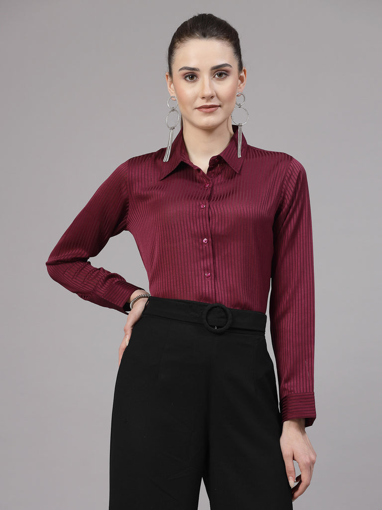 Style Quotient Women Maroon Self Design Polyester Satin Party Shirt-Shirts-StyleQuotient