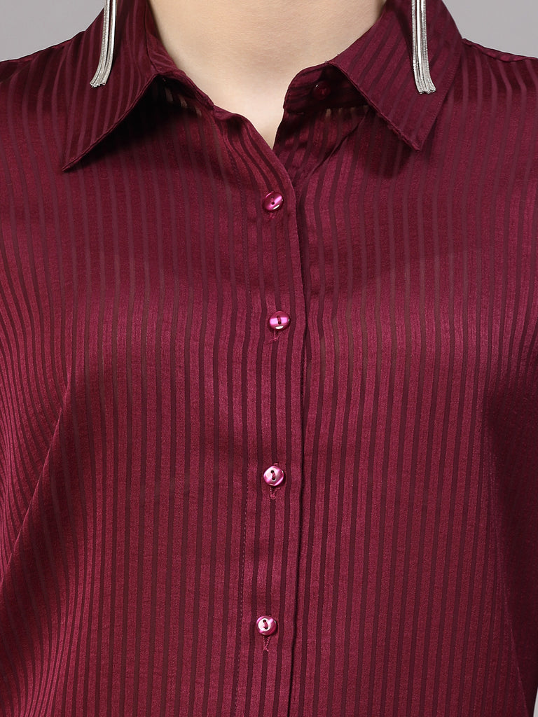 Style Quotient Women Maroon Self Design Polyester Satin Party Shirt-Shirts-StyleQuotient