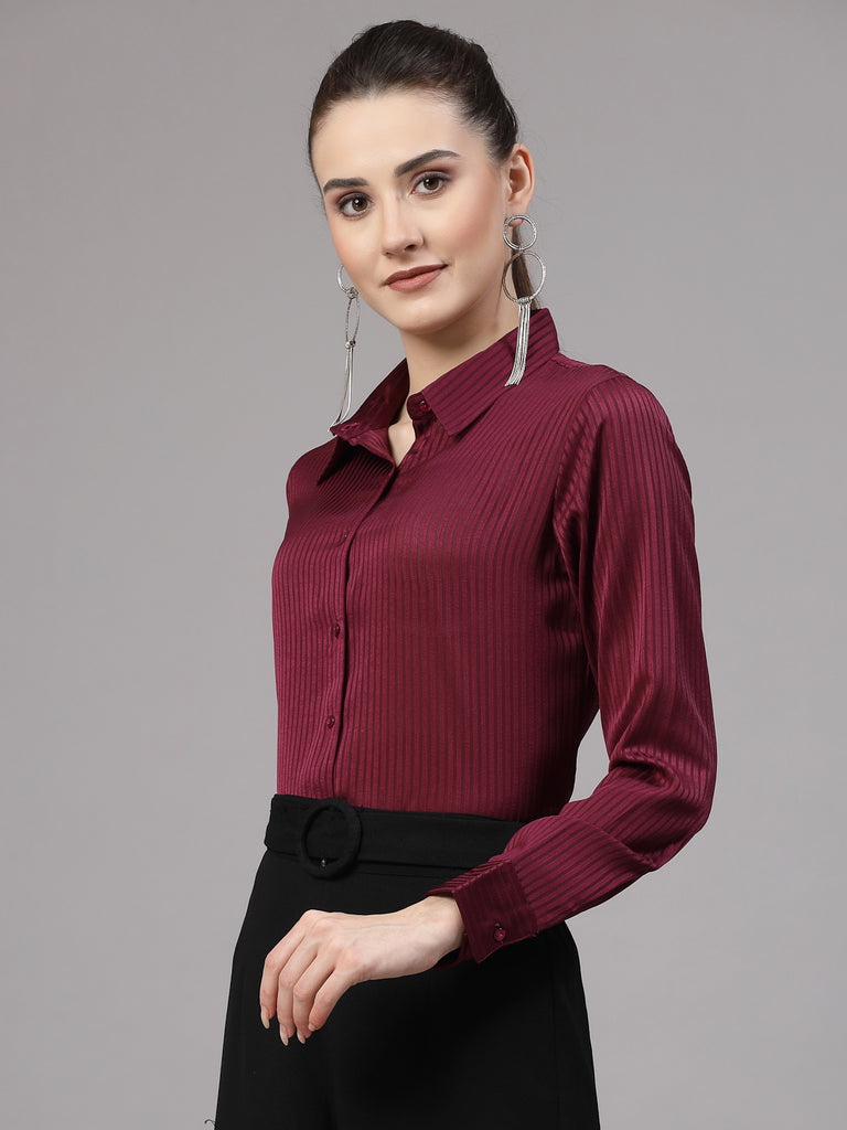 Style Quotient Women Maroon Self Design Polyester Satin Party Shirt-Shirts-StyleQuotient