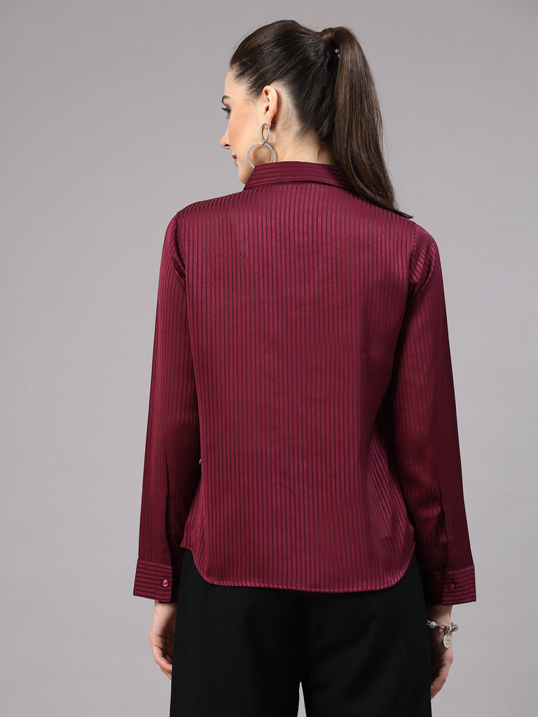 Style Quotient Women Maroon Self Design Polyester Satin Party Shirt-Shirts-StyleQuotient