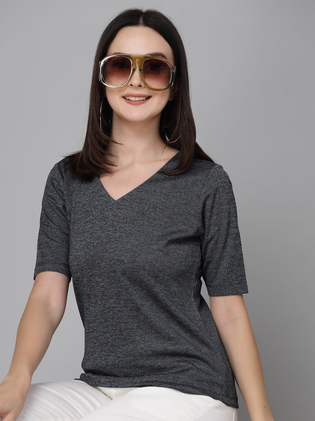 Style Quotient Women Solid Grey Polyknit Smart casual Top-Tops-StyleQuotient