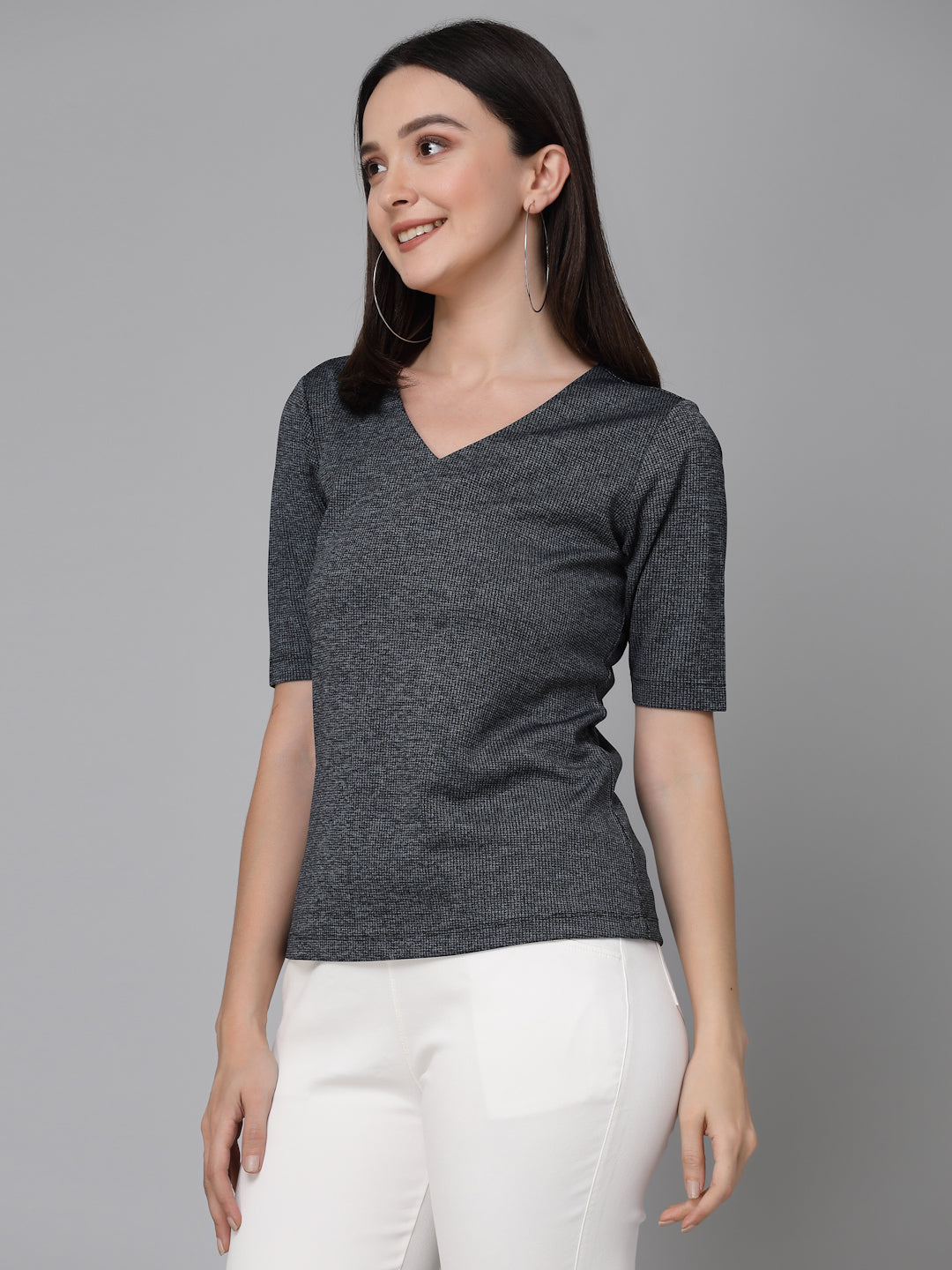 Style Quotient Women Solid Grey Polyknit Smart casual Top-Tops-StyleQuotient