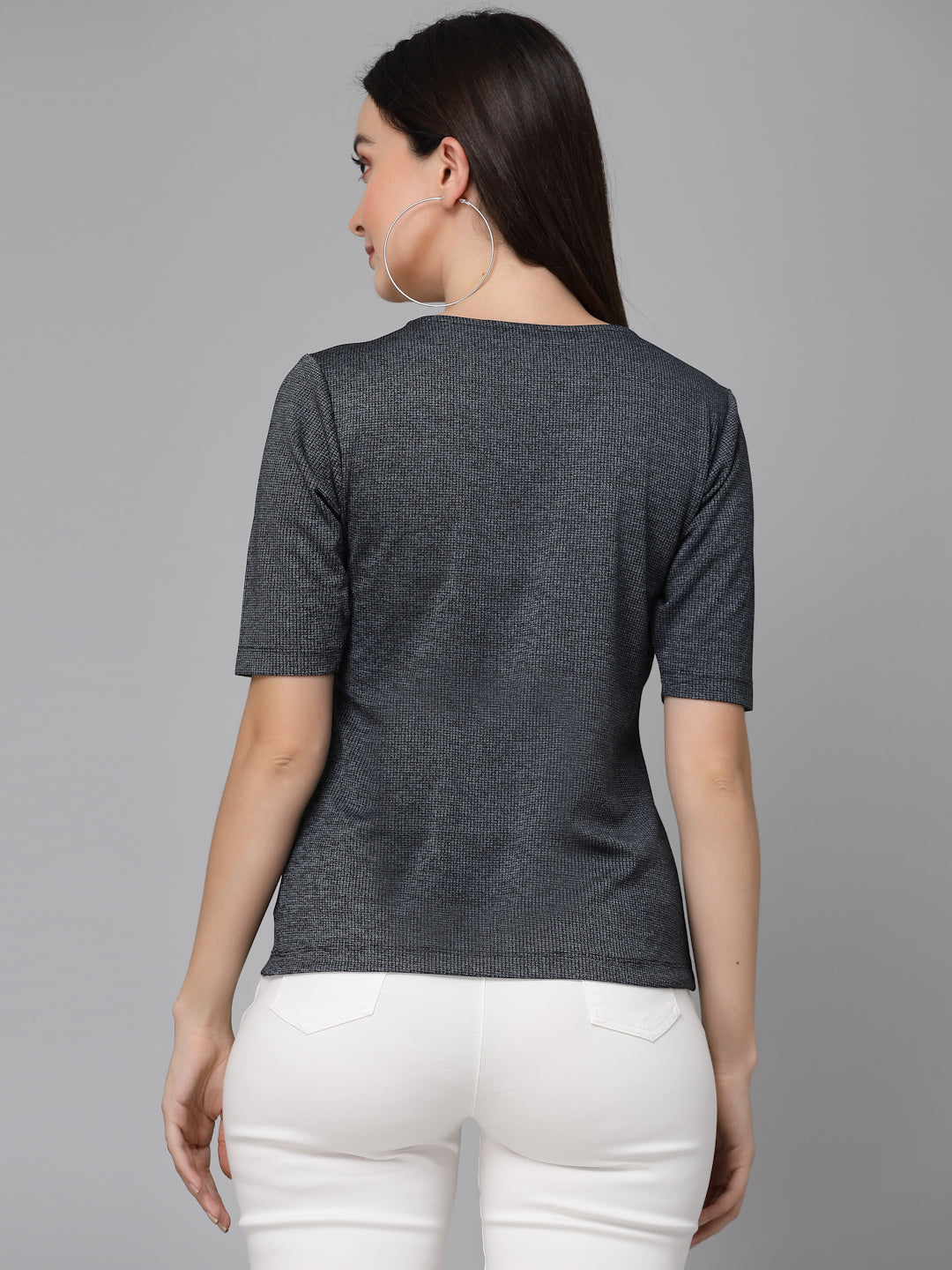 Style Quotient Women Solid Grey Polyknit Smart casual Top-Tops-StyleQuotient