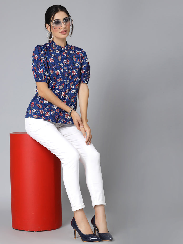 Style Quotients Women Blue Floral Polyester Smart Casual Top-Shirts-StyleQuotient