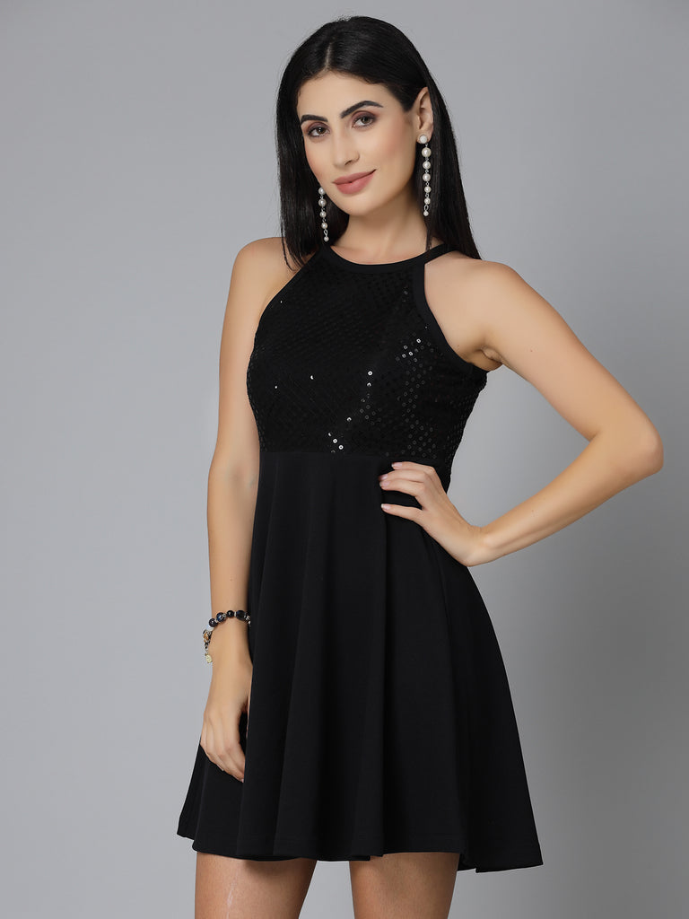 Style Quotient Women Black Embellished Poly Knit Fit And Flare Dress-Dresses-StyleQuotient