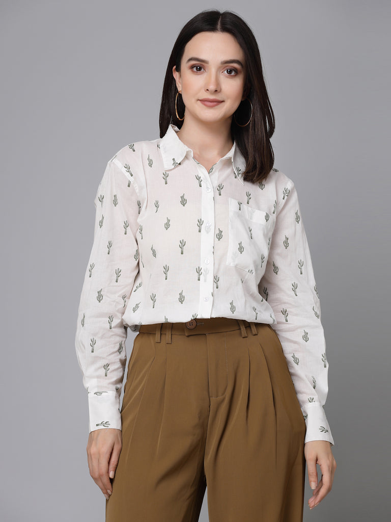 Style Quotient White and Green Cactus Printed Cotton Boxy Fit Smart Casual Shirt-Shirts-StyleQuotient