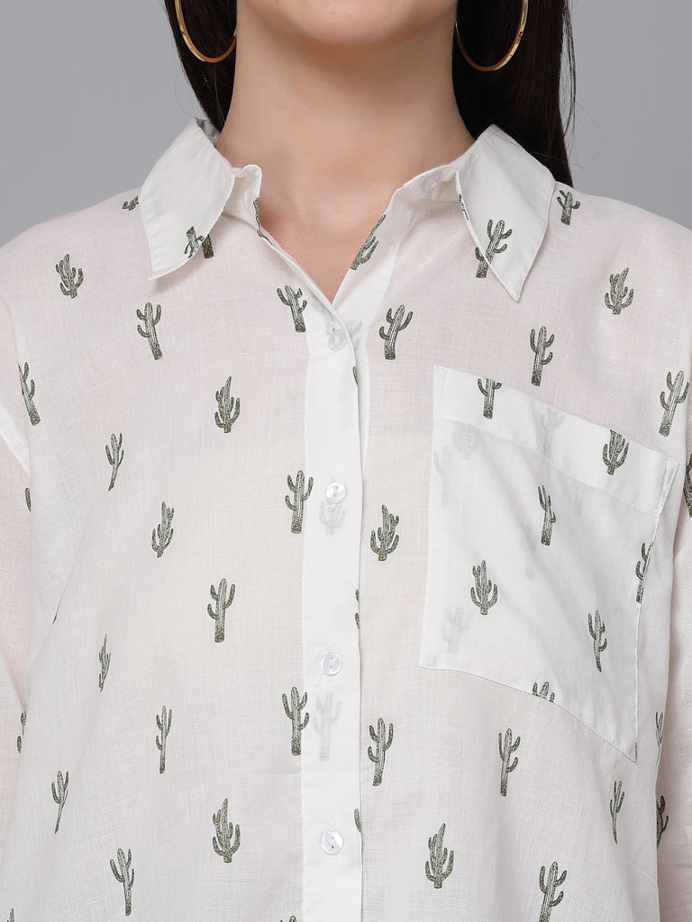Style Quotient White and Green Cactus Printed Cotton Boxy Fit Smart Casual Shirt-Shirts-StyleQuotient