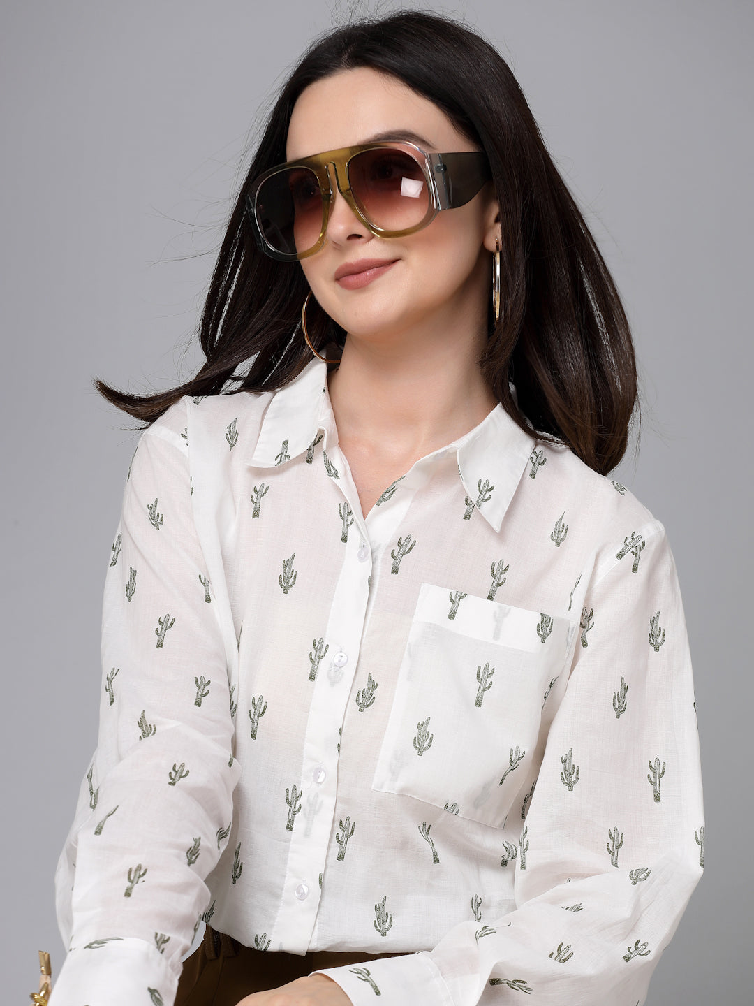 Style Quotient White and Green Cactus Printed Cotton Boxy Fit Smart Casual Shirt-Shirts-StyleQuotient