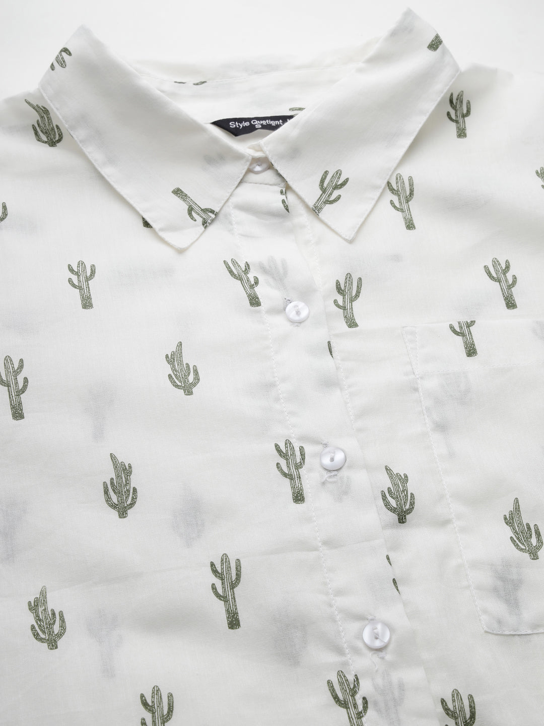 Style Quotient White and Green Cactus Printed Cotton Boxy Fit Smart Casual Shirt-Shirts-StyleQuotient