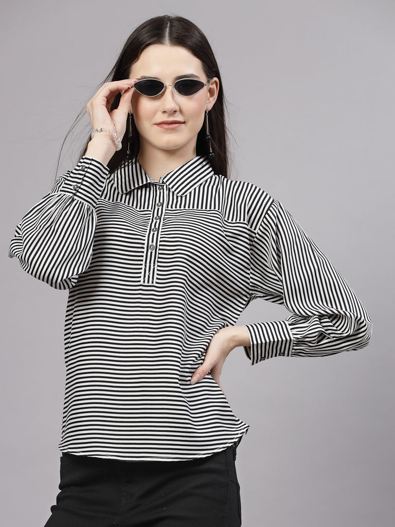 Style Quotient Women Black White Stripe Polyester Smart Casual Top-Tops-StyleQuotient
