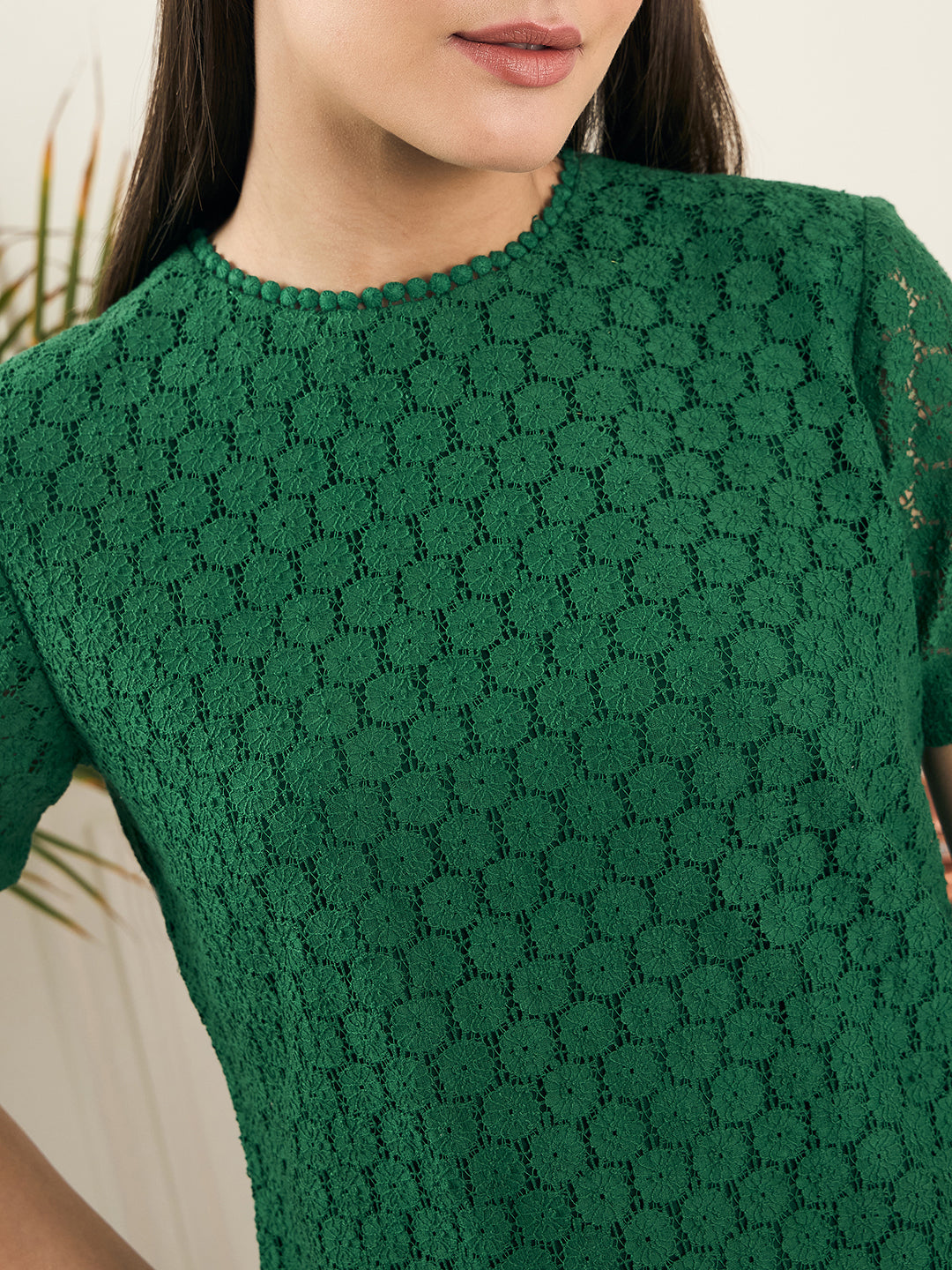 Noi Women Green Short Sleeves Lace Top-Tops-StyleQuotient