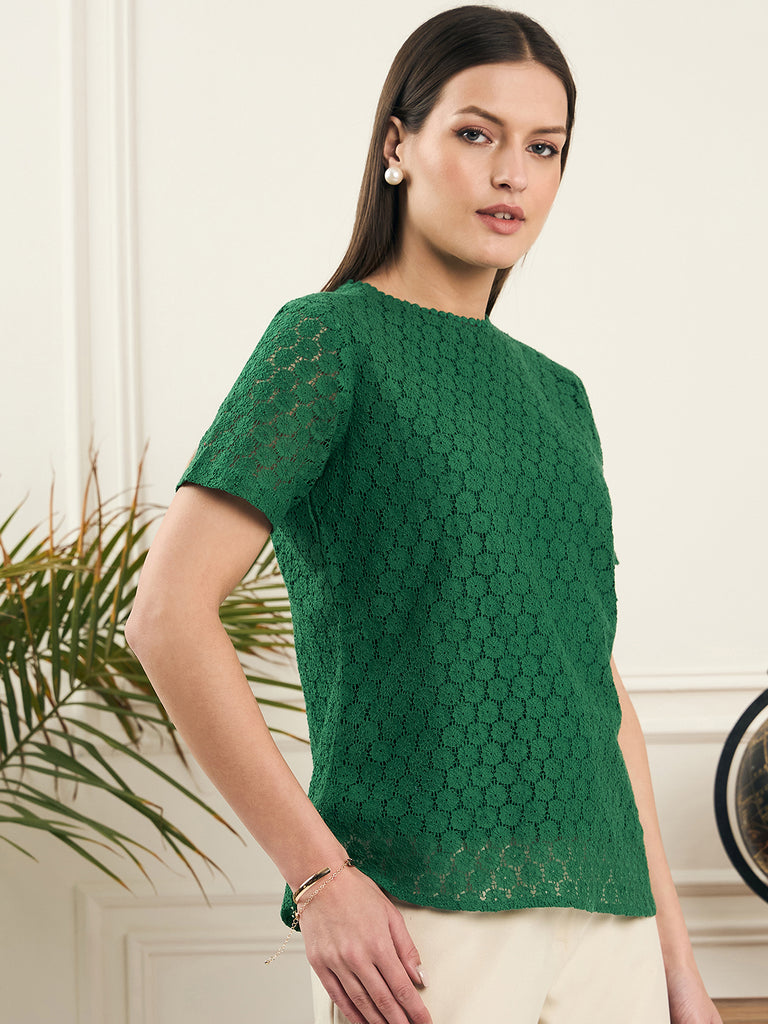 Noi Women Green Short Sleeves Lace Top-Tops-StyleQuotient