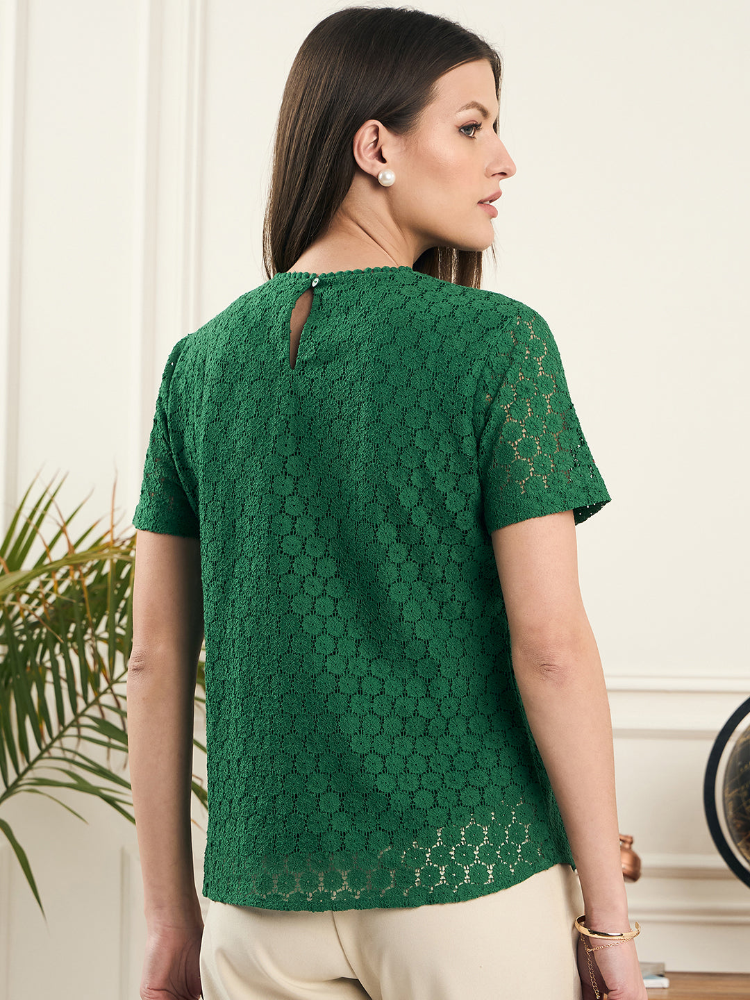 Noi Women Green Short Sleeves Lace Top-Tops-StyleQuotient