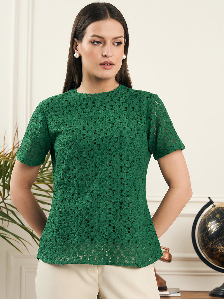 Noi Women Green Short Sleeves Lace Top-Tops-StyleQuotient