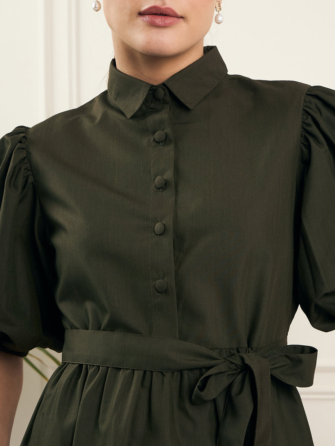 Noi Women Olive Solid With Baloon Sleeves Belted Shirt Dress-Dresses-StyleQuotient