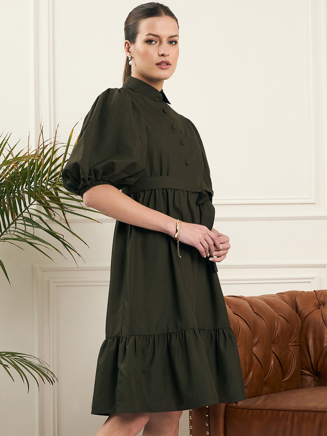 Noi Women Olive Solid With Baloon Sleeves Belted Shirt Dress-Dresses-StyleQuotient