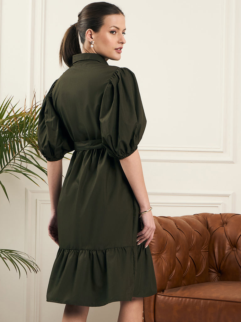 Noi Women Olive Solid With Baloon Sleeves Belted Shirt Dress-Dresses-StyleQuotient