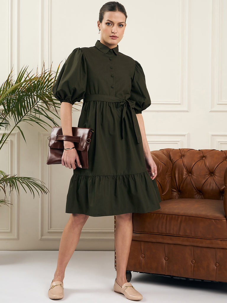 Noi Women Olive Solid With Baloon Sleeves Belted Shirt Dress-Dresses-StyleQuotient