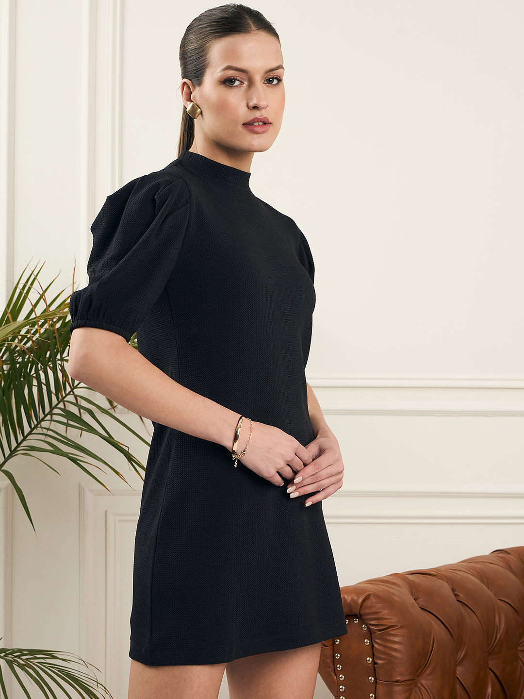 Noi Women Black Solid With Puff Sleeves Knited Short Dress-Dresses-StyleQuotient