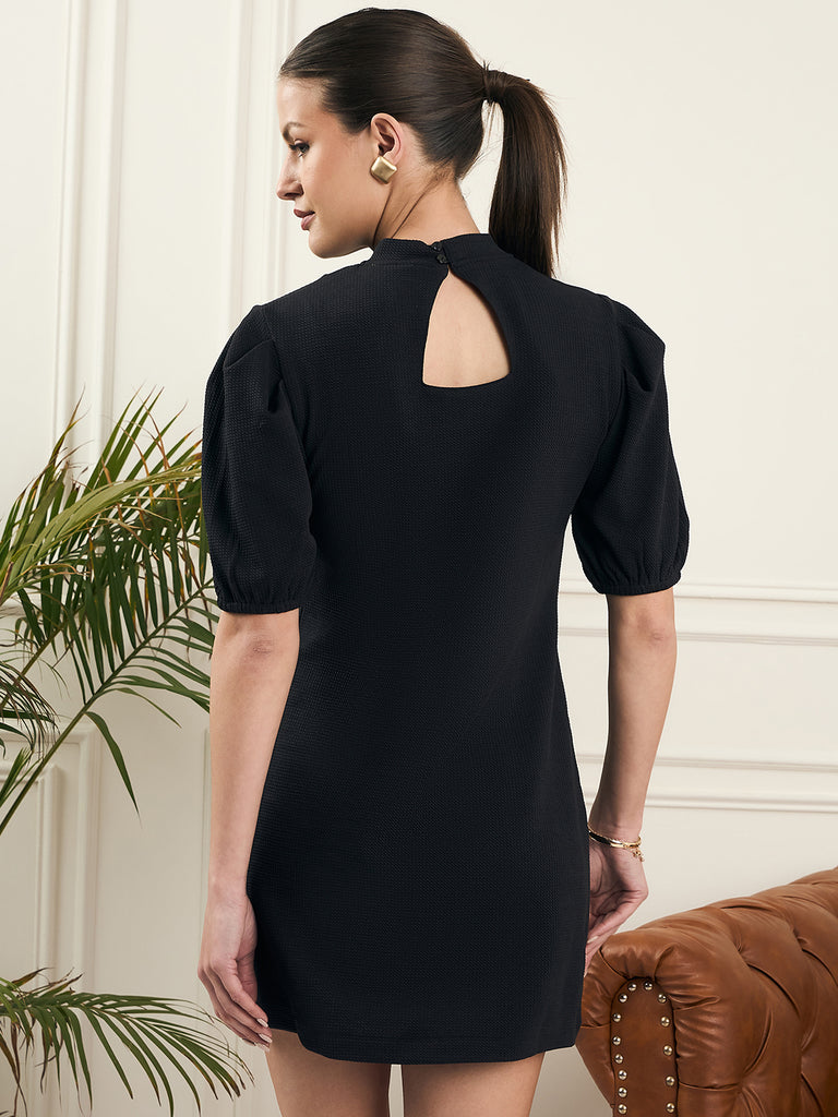 Noi Women Black Solid With Puff Sleeves Knited Short Dress-Dresses-StyleQuotient